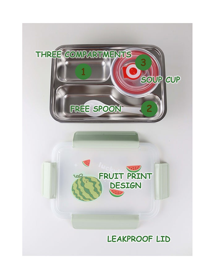 Toshionics Stainless Steel Lunch Box – 1.2L – with 3 Compartments, Spoon, Cup, Microwave Safe, Leakproof Lid, BPA Free, Freezer & Dishwasher Safe – Fruit Cartoon Print – Ideal for School, Office, Travel – 21 x 15 x 5 cm - Image 2