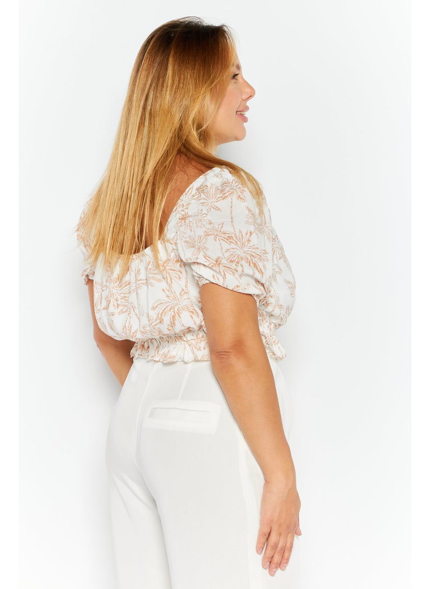 1 State Women Square Neck Short Sleeve Floral Crop Top, White  - Image 4