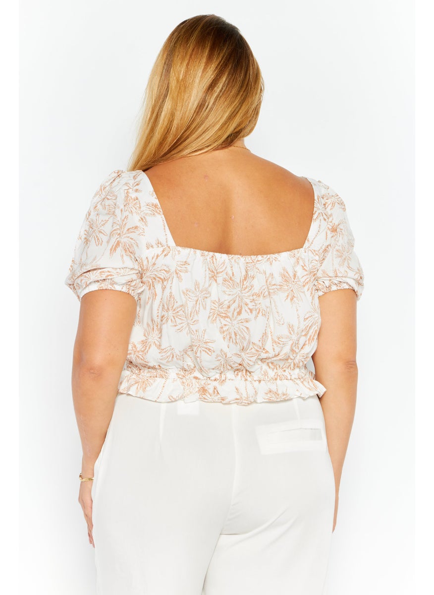 1 State Women Square Neck Short Sleeve Floral Crop Top, White  - Image 3