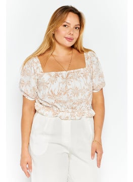 1 State Women Square Neck Short Sleeve Floral Crop Top, White  - Image 1