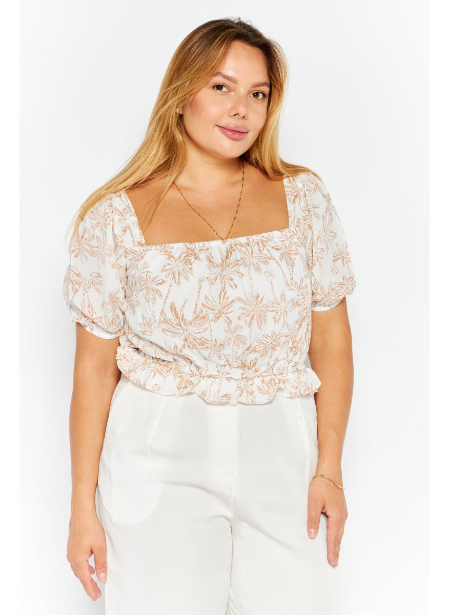 1 State Women Square Neck Short Sleeve Floral Crop Top, White  - Image 1