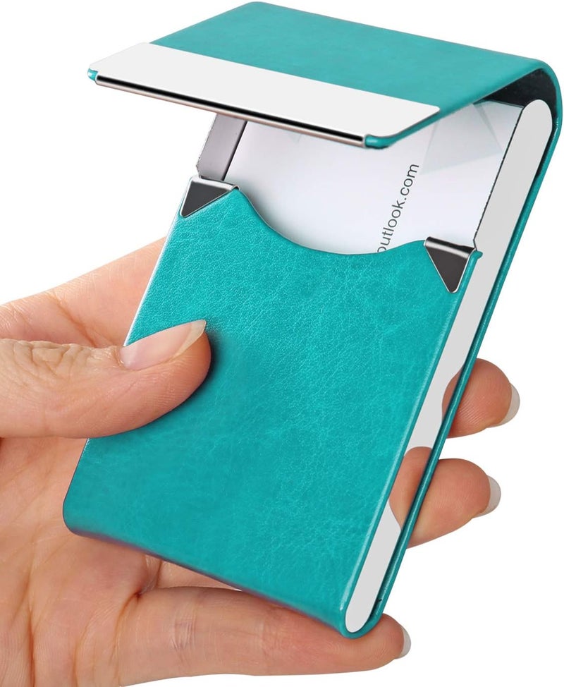 JuneLsy Professional PU Leather Business Card Holder Case Metal Name Card Holder Pocket Business Card Carrier for Men & Women with Magnetic Shut (S-Light blue) - Image 1