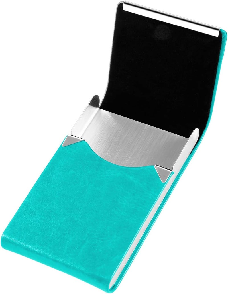 JuneLsy Professional PU Leather Business Card Holder Case Metal Name Card Holder Pocket Business Card Carrier for Men & Women with Magnetic Shut (S-Light blue) - Image 3