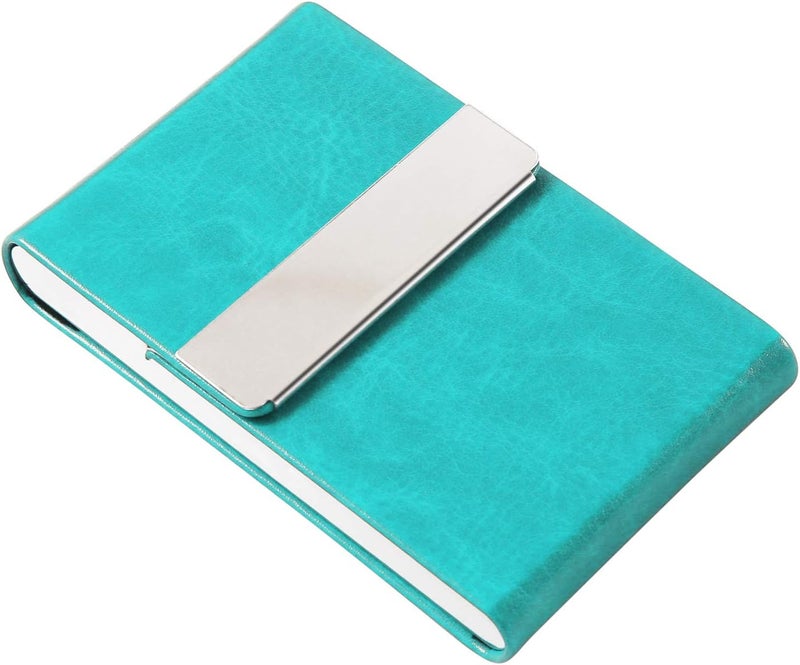 JuneLsy Professional PU Leather Business Card Holder Case Metal Name Card Holder Pocket Business Card Carrier for Men & Women with Magnetic Shut (S-Light blue) - Image 4