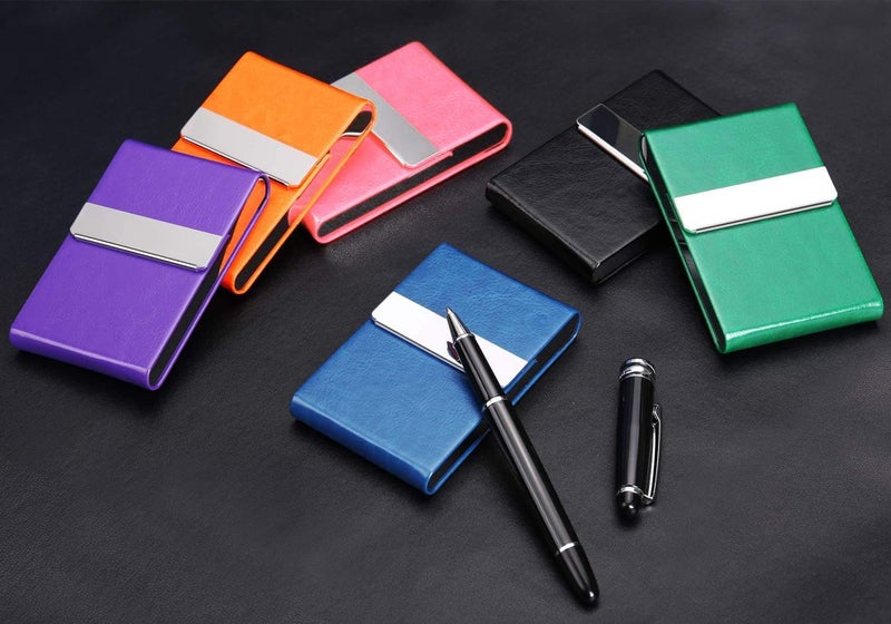 JuneLsy Professional PU Leather Business Card Holder Case Metal Name Card Holder Pocket Business Card Carrier for Men & Women with Magnetic Shut (S-Light blue) - Image 2