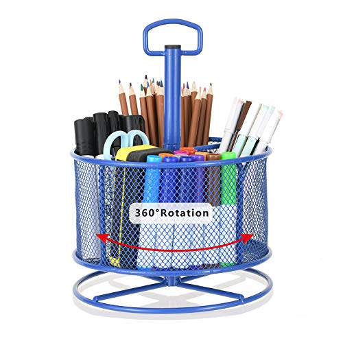 Marbrasse Mesh Desk Organizer, 360-Degree Rotating Multi-Functional Pen Holder, 4 Compartments Desktop Stationary Organizer, Home Office Art Supply Storage Box Caddy (Blue) - Image 1