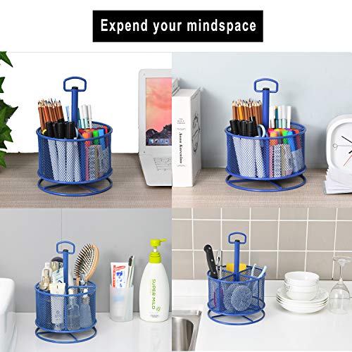 Marbrasse Mesh Desk Organizer, 360-Degree Rotating Multi-Functional Pen Holder, 4 Compartments Desktop Stationary Organizer, Home Office Art Supply Storage Box Caddy (Blue) - Image 5