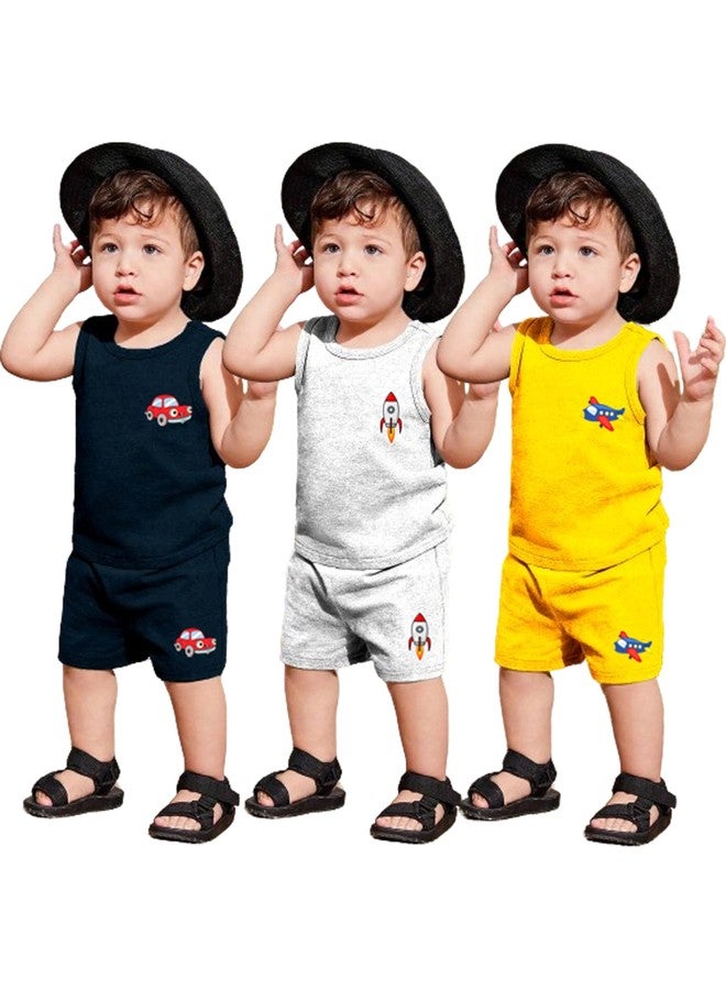 Kidbee Boys & Girls Cotton Sleeveless t shirt and Shorts Combo Set (Pack of 3) (5-6 Years, Multi-3pc-B-VST-423+SRT-424) - Image 1