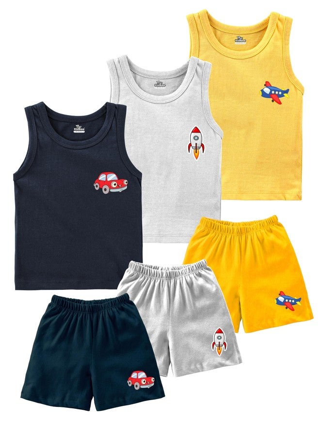 Kidbee Boys & Girls Cotton Sleeveless t shirt and Shorts Combo Set (Pack of 3) (5-6 Years, Multi-3pc-B-VST-423+SRT-424) - Image 3