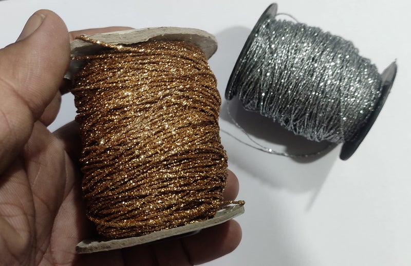 OMX 1mm, 100 Mtr Silver, 100 Mtr Gold, Total 200 Mtr, 2 Rolls, Glitter Shimmer Mettalic Zari Thread for Embroidery, Sewing and Jewelry Making, Polyester for Metallic Strip & Cotton Yarn Inside. - Image 2