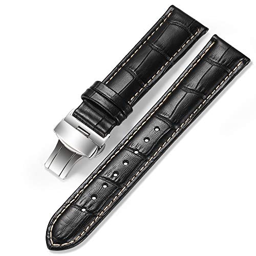 iStrap Leather Watch band -Alligator Grain Embossed Pattern Calfskin Replacement Strap-Stainless Steel Deployment Buckle with Push Buttons-Bracelet for Men Women-18mm 19mm 20mm 21mm 22mm 24mm - Image 1