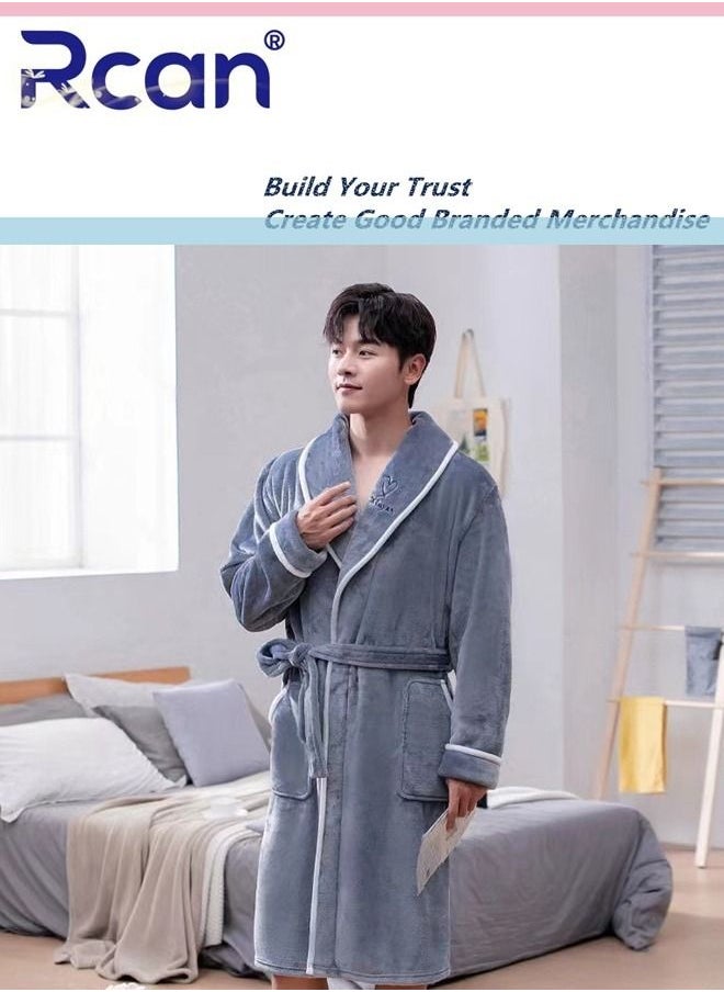 Rcan Men's Flannel Robe Soft Cardigan Thickened Adjustable Tie Long Knee Length Pajamas with Pockets for Outdoor Wear Casual Wear Men's Home Spa  - Image 3