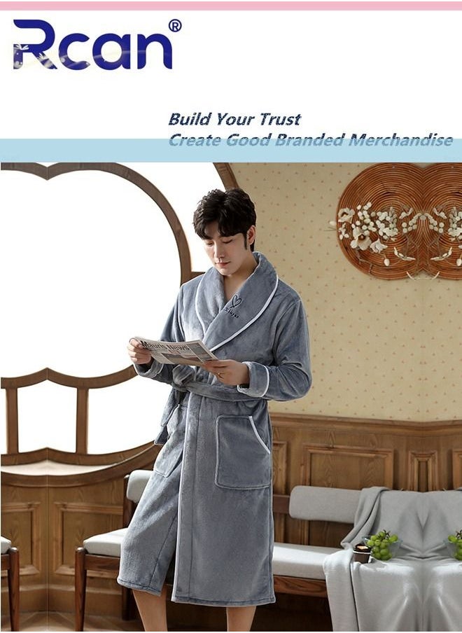 Rcan Men's Flannel Robe Soft Cardigan Thickened Adjustable Tie Long Knee Length Pajamas with Pockets for Outdoor Wear Casual Wear Men's Home Spa  - Image 4