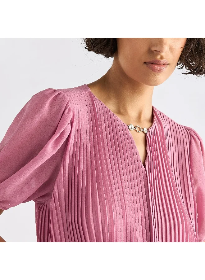 FAV Pleated Keyhole Neck Dress with Puff Sleeves