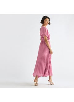 FAV Pleated Keyhole Neck Dress with Puff Sleeves  - Image 3