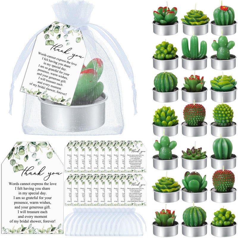 MTLEE 30 Sets Bridal Shower Favors for Guests Bulk Mini Succulents Tealight Candles Wedding Cactus Tealight Candle with Thank You Tags Organza Bridal Shower Gift Decorations Bride Bachelorette Party