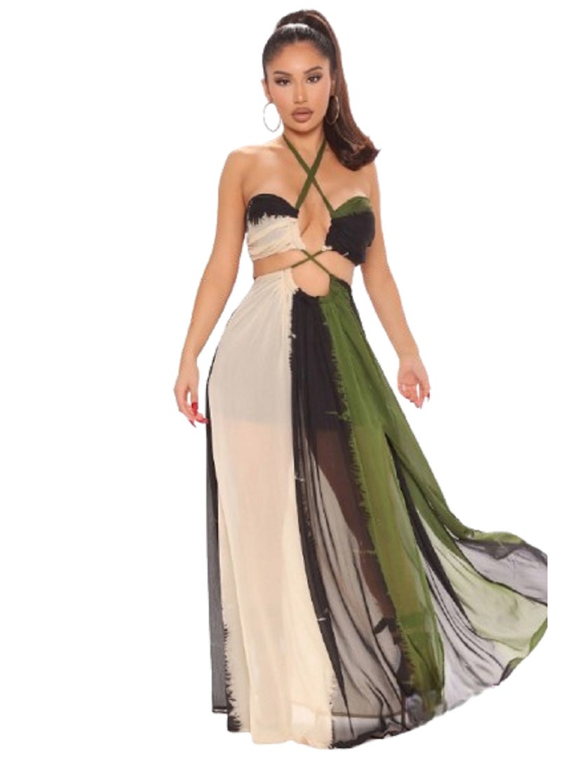 Women's Multicolor Home Dress with Criss Cross Top Design and Adjustable Ties  - Image 1