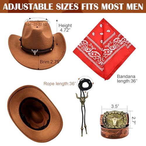 Prebene 5 Pcs Western Outfits for Men Cowboy Suede Leather Vest Hat Necktie Belt Buckle Paisley Bandana for Halloween Cosplay Brown S - Image 3