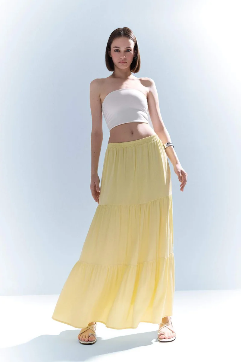 ديفاكتو Crinkle Viscose Cotton Lined High Waist Maxi Skirt