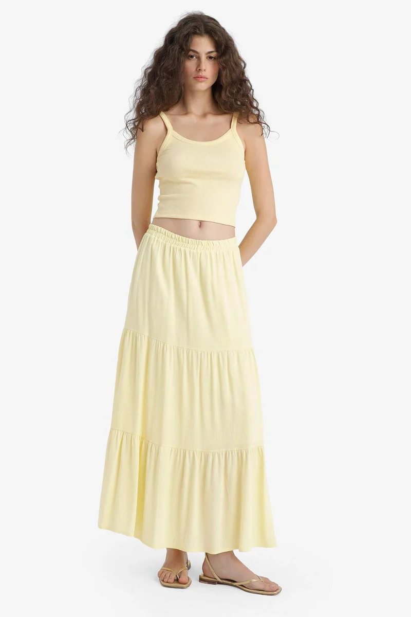 ديفاكتو Crinkle Viscose Cotton Lined High Waist Maxi Skirt
