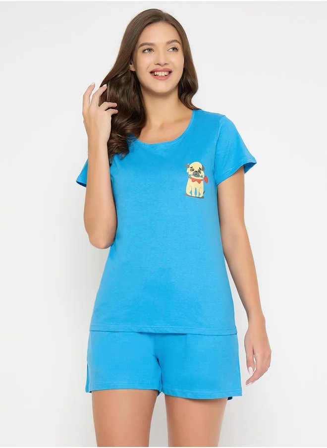 Clovia Clovia Women Blue Dog Print Cotton Top and Shorts Set