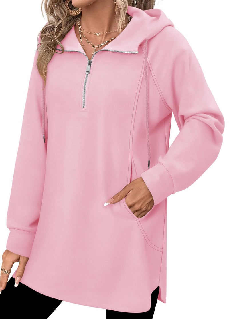 onlypuff Lapel Zip Hoodie Women Casual Sweatshirts Workout Long Sleeve Drawstring Hooded Tunic Rose Pink XL - Image 4