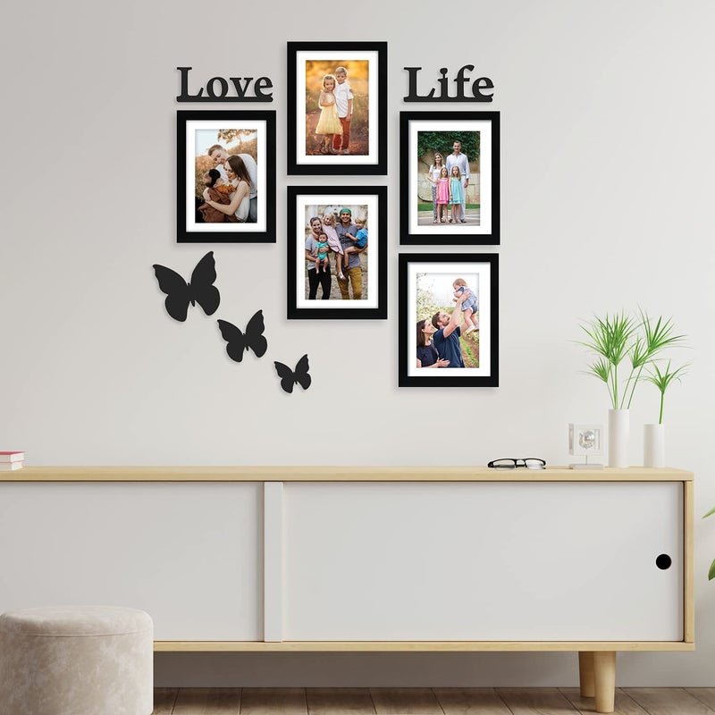 RANDOM Photo Frame of Photos and Picture for Home and Wall Decor for Living Room, Bedroom, Home, Office Set of 5 with 5 Mounts & Love Life & 3 Butterfry Plaques (Black, Size:5pcs 6x8),polyresin - Image 1