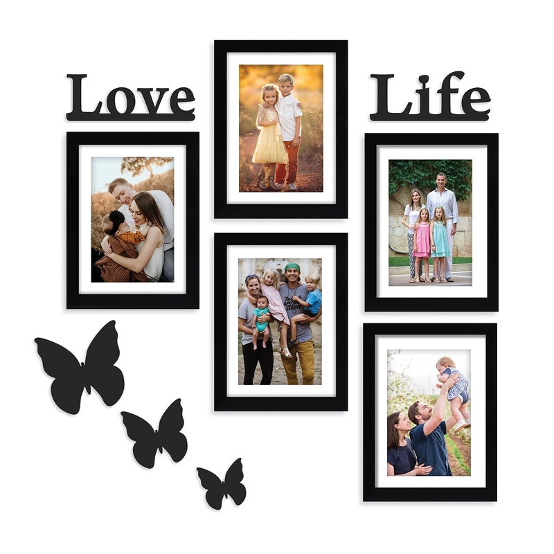 RANDOM Photo Frame of Photos and Picture for Home and Wall Decor for Living Room, Bedroom, Home, Office Set of 5 with 5 Mounts & Love Life & 3 Butterfry Plaques (Black, Size:5pcs 6x8),polyresin - Image 2