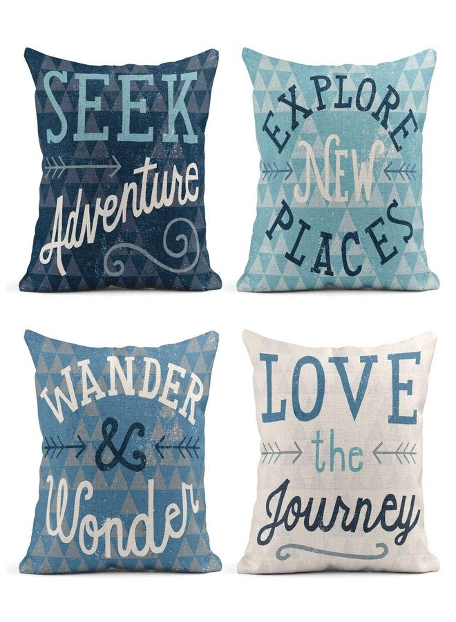 Taysta Set of 4 Linen Throw Pillow Cover Seek Adventure Explore New Places Wander Wonder Love Journey Decorative Pillow Cases Covers Home Decor Square 18 x 18 Inches Pillowcases - Image 1