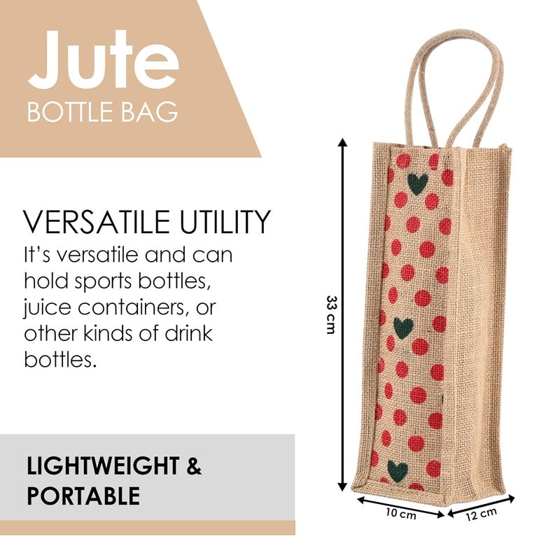 Kuber Industries Jute Bottle Bag (Pack of 4) - 1 LTR Carry Bag for Office, Wine, Travel with Handle - Reusable, Small Dot-Print, Red - Image 3