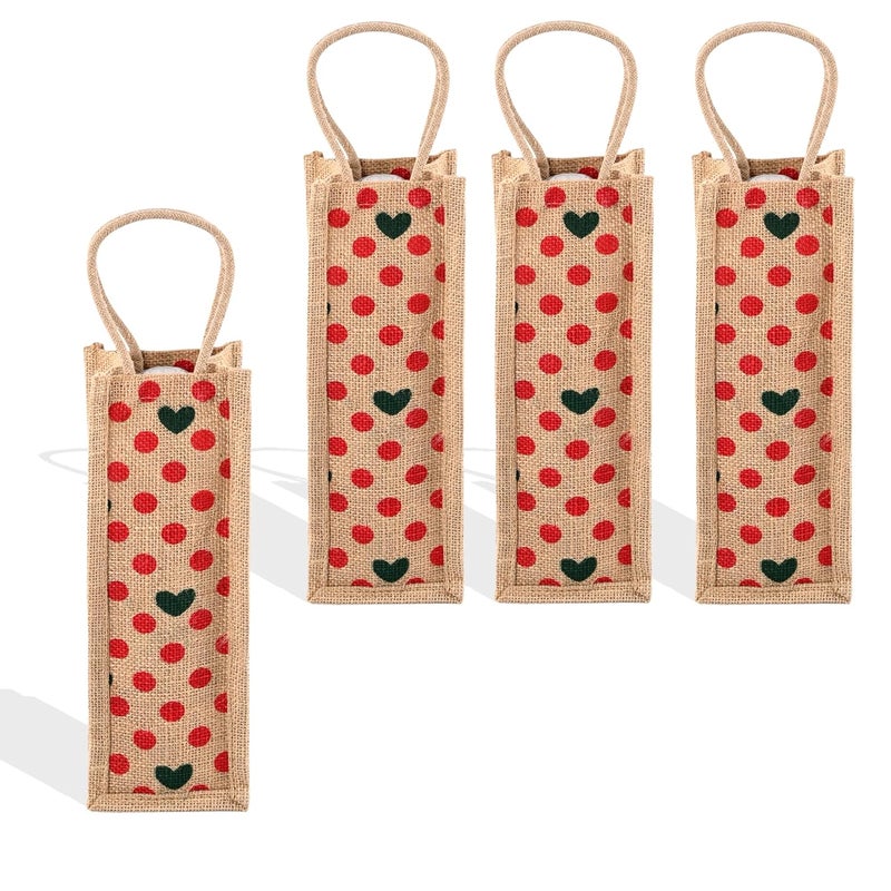 Kuber Industries Jute Bottle Bag (Pack of 4) - 1 LTR Carry Bag for Office, Wine, Travel with Handle - Reusable, Small Dot-Print, Red - Image 1