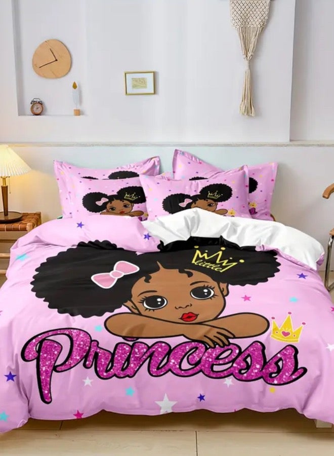 LUNA Home Single size 4 piece duvet cover set in a lovely pink color featuring a princess design.  - Image 1