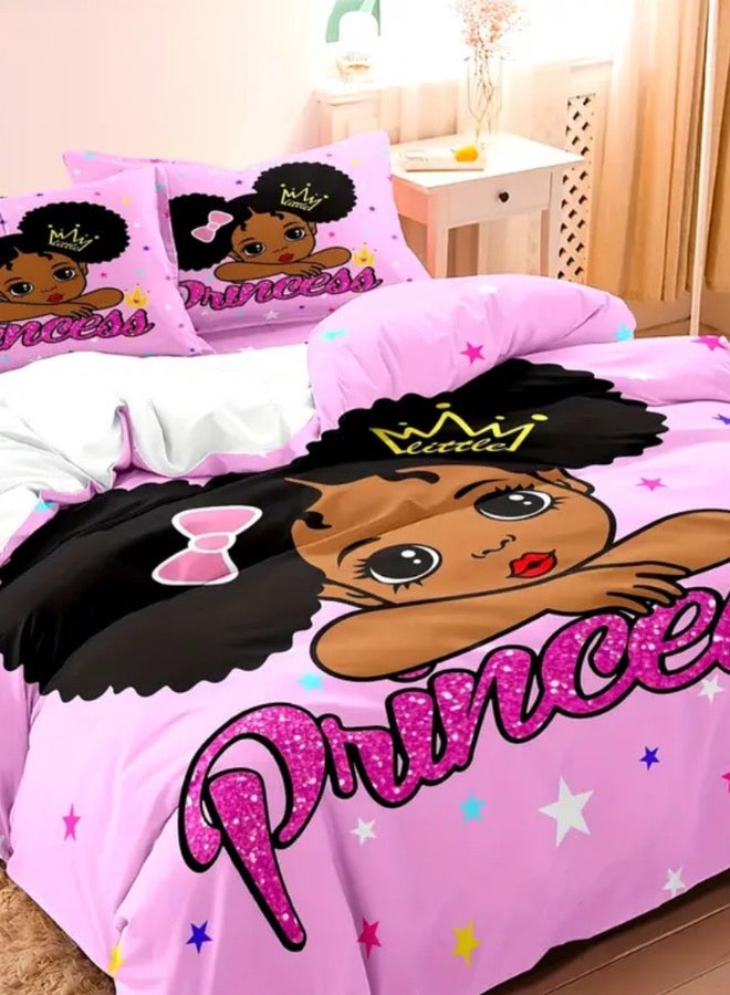 LUNA Home Single size 4 piece duvet cover set in a lovely pink color featuring a princess design.  - Image 2