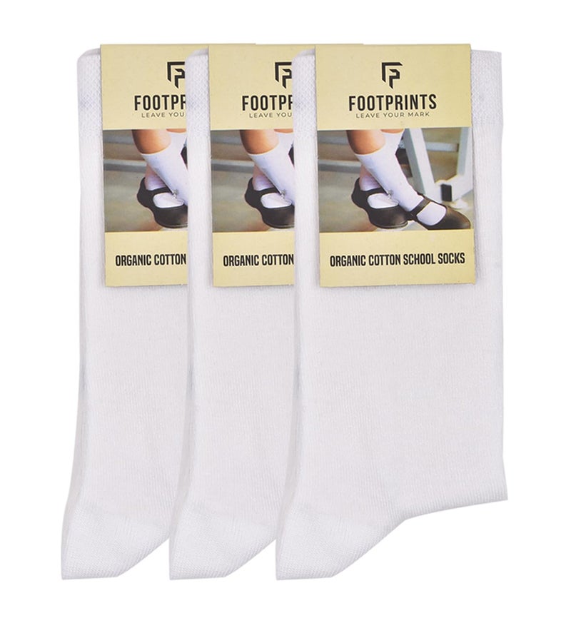 FOOTPRINTS Kids Organic Cotton School Socks - Unisex - Calf length- Pack of 3 | White | Extra soft and Breathable (3-5 Years) - Image 1