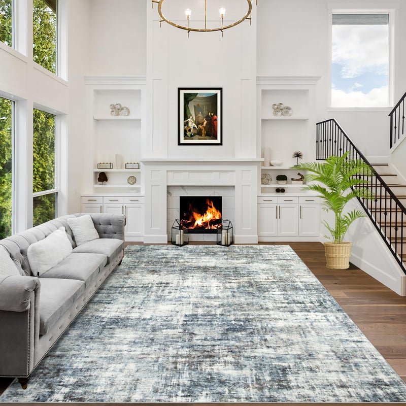 Gent drizz 8x10 Area Rugs Washable Rug: Large Modern Abstract Living Room Rug Soft Anti-Skid Thin Carpet Indoor Floor Non-Shedding Carpets for Bedroom Dining Room Farmhouse Nursery Home Office Blue Multi - Image 1