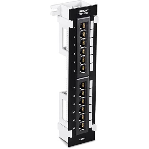 Trendnet لوحة توصيل غير درع 12 منفذ Cat6 من TRENDnet، TC-P12C6V، تركيب على الحائط، مع حوامل 89D، تركيب عمودي أو أفقي، متوافقة مع كابلات Cat5e و Cat6 RJ45، كتل طرفية من نوع 110 IDC باللون الأسود - Image 1