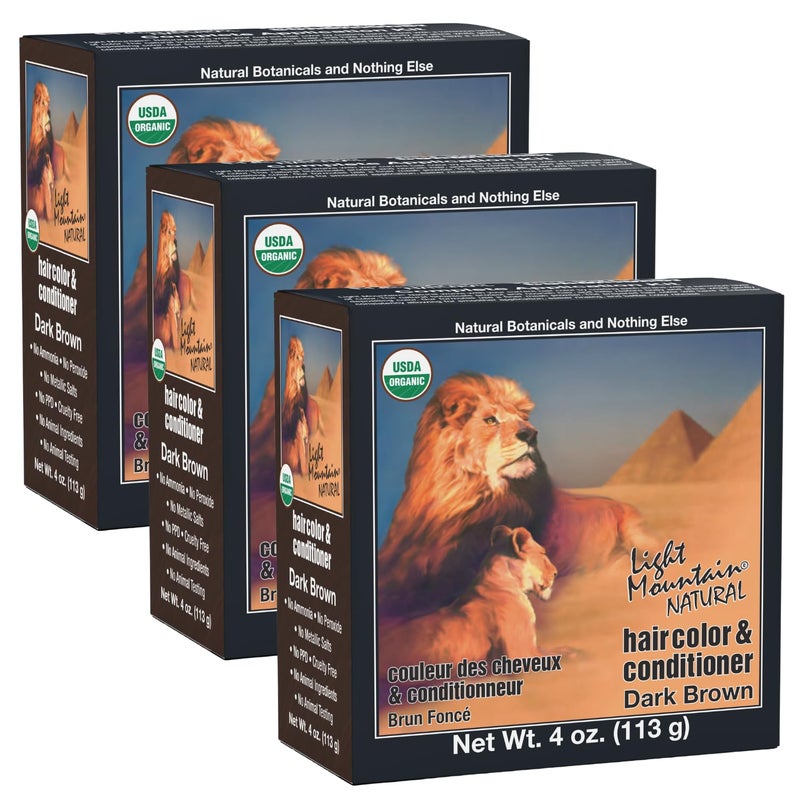 Light Mountain لون شعر الحناء من لايت ماونتن وبلسم - صبغة شعر بني داكن للرجال/النساء، مسحوق أوراق الحناء العضوي والنباتات، خالية من المواد الكيميائية، لون شعر شبه دائم، 4 أوقية (عبوة من 3) - Image 1