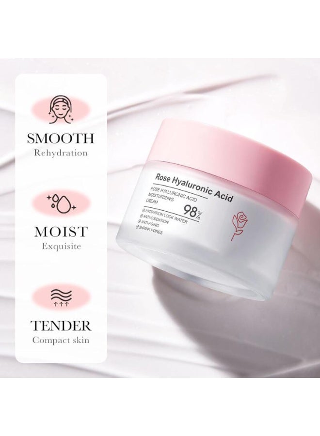 Rose Hyaluronic Acid Moisturizing Cream, Rose Day Face Cream with Natural Rose Oil, Rose Moisturizing Cream with Hyaluronic Acid, Moisturizing and firming Face Cream, Rose Water Revitalizing Day Cream, Face Moisturizer for dry skin 50g