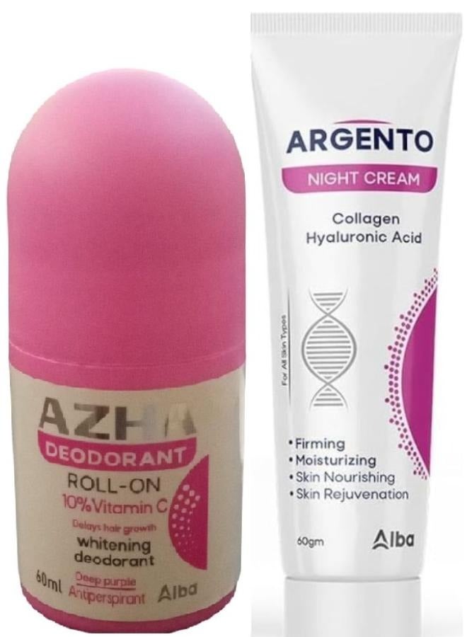 AZHA 2 pieces Argento Night Cream – Collagen Hyaluronic Acid 30ML+Roll-On Whitening Deodorant Deep Purple Delays 60ml - Image 1