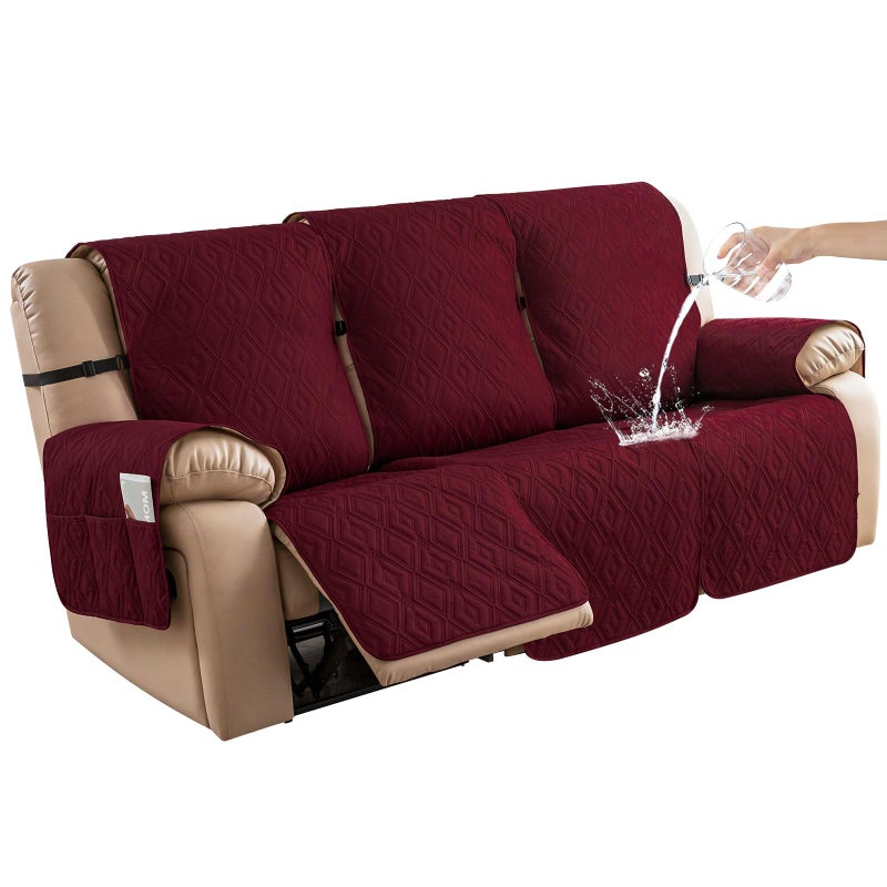 Genina Waterproof Reclining Couch Cover for 3 Seater NonSlip Washable Sofa Covers for 3 Cushion Furniture Protector for Dogs Pets Kids Wine Red Recliner