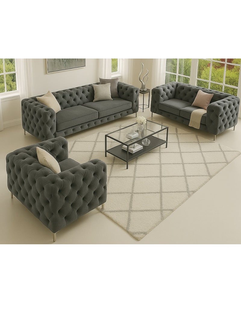 مهارة البحر طقم كنب تشيسترفيلد فاخر من مهارات للأثاث – طقم جلوس مكون من 3 قطع من المخمل الرمادي الداكن الفاخر مع كرسي بذراعين وكنبة صغيرة وكنبة كبيرة – تصميم أنيق بأرجل معدنية عصرية - Image 1