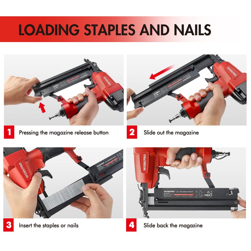 WORKPRO Pneumatic Brad Nailer, 18 GA, 2 in 1 Nail Gun and Crown Stapler, with 400pcs Nails/ 300pcs Staples, for Carpentry, DIY Project, Woodworking - Image 3