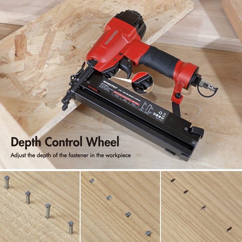 WORKPRO Pneumatic Brad Nailer, 18 GA, 2 in 1 Nail Gun and Crown Stapler, with 400pcs Nails/ 300pcs Staples, for Carpentry, DIY Project, Woodworking - Image 5