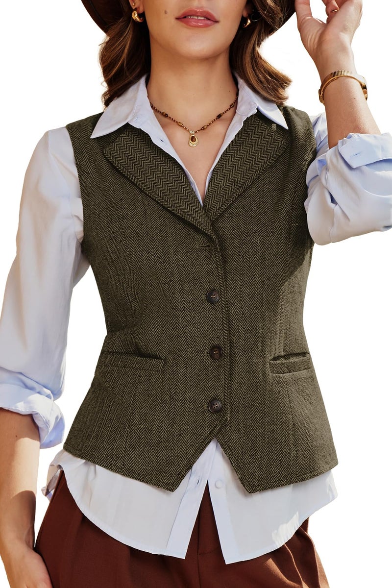 ELLEVEN Womens Vest Tweed Blazers for Women Business Casual Lapel Herringbone Waistcoat V Neck Trendy Fashion Western Country Concert Outfits Formal Work Office Suit Vests Brown Medium - Image 1