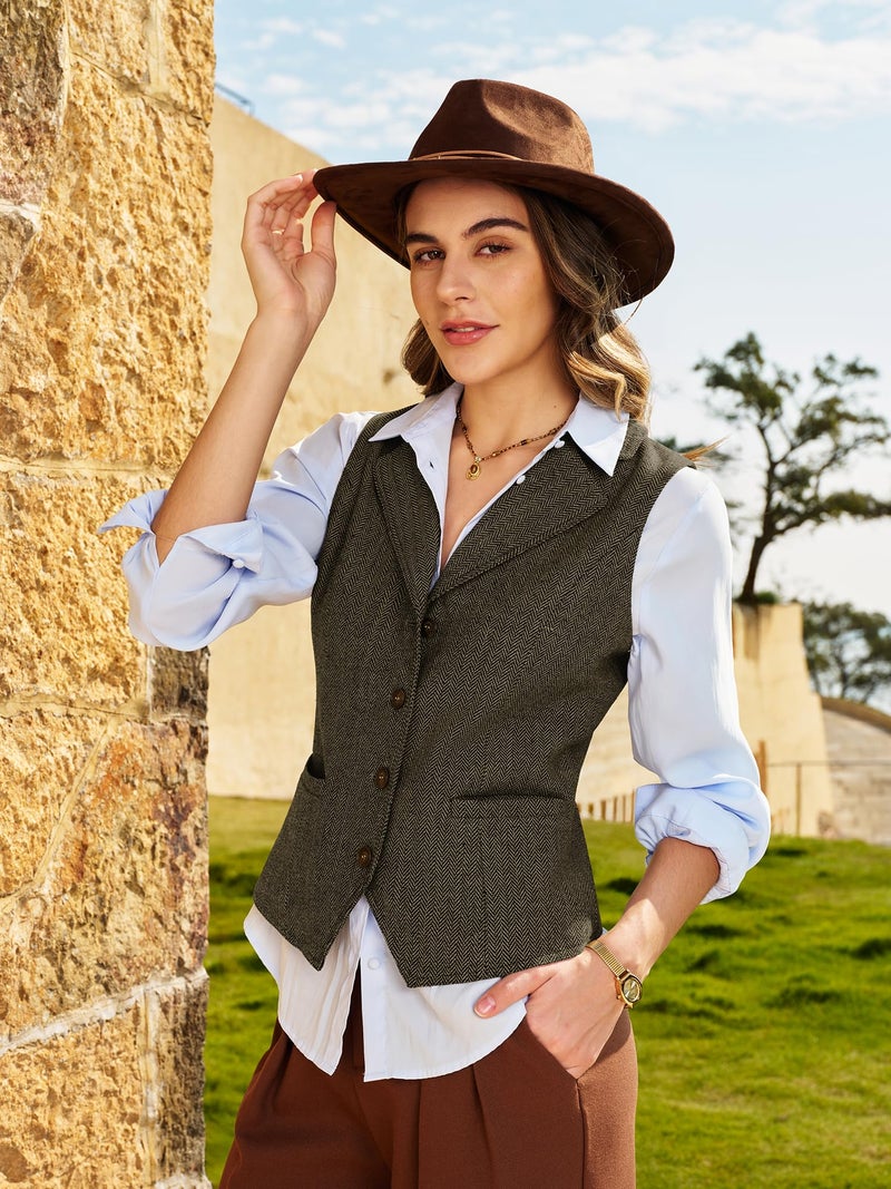 ELLEVEN Womens Vest Tweed Blazers for Women Business Casual Lapel Herringbone Waistcoat V Neck Trendy Fashion Western Country Concert Outfits Formal Work Office Suit Vests Brown Medium - Image 2