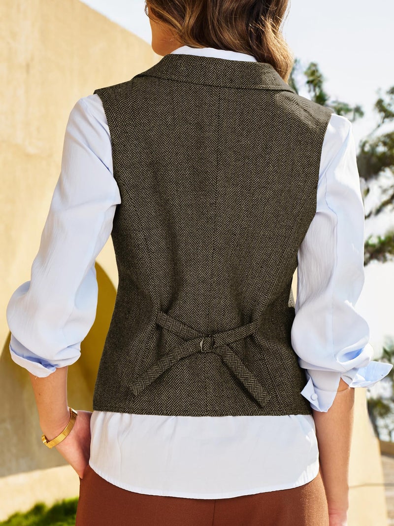 ELLEVEN Womens Vest Tweed Blazers for Women Business Casual Lapel Herringbone Waistcoat V Neck Trendy Fashion Western Country Concert Outfits Formal Work Office Suit Vests Brown Medium - Image 3