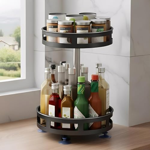 JD FRESH 2-Tier 360° Rotating Spice Rack Organiser/Multifunctional Spice Rack/Table Top Storage Rack/Non-Slip Spice Holder Organizer for Kitchen/Living Room- (Black, Round) - Image 1