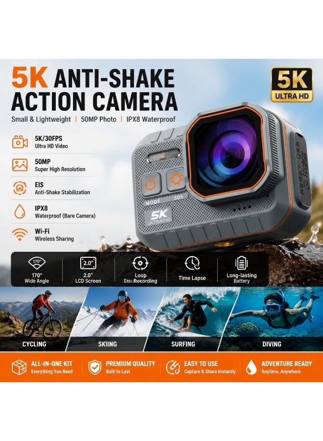 VIRAN 5K Ultra HD Action Camera with EIS Stabilization, 50MP Photo, Lncludes a 32GB Memory Card,IPX8 Waterproof Sports Camera, 170° Wide Angle Lens, WiFi Remote Control, 2.0" LCD Screen for Diving, Cycling, Travel & Vlogging - Image 2
