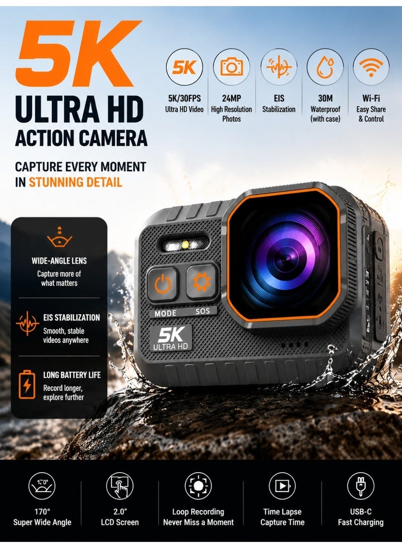 VIRAN 5K Ultra HD Action Camera with EIS Stabilization, 50MP Photo, Lncludes a 32GB Memory Card,IPX8 Waterproof Sports Camera, 170° Wide Angle Lens, WiFi Remote Control, 2.0" LCD Screen for Diving, Cycling, Travel & Vlogging - Image 1