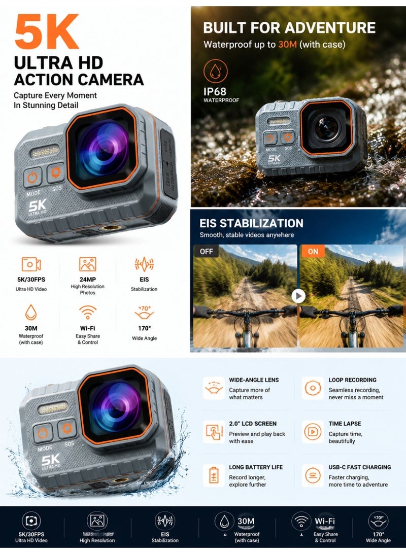 VIRAN 5K Ultra HD Action Camera with EIS Stabilization, 50MP Photo, Lncludes a 32GB Memory Card,IPX8 Waterproof Sports Camera, 170° Wide Angle Lens, WiFi Remote Control, 2.0" LCD Screen for Diving, Cycling, Travel & Vlogging - Image 4